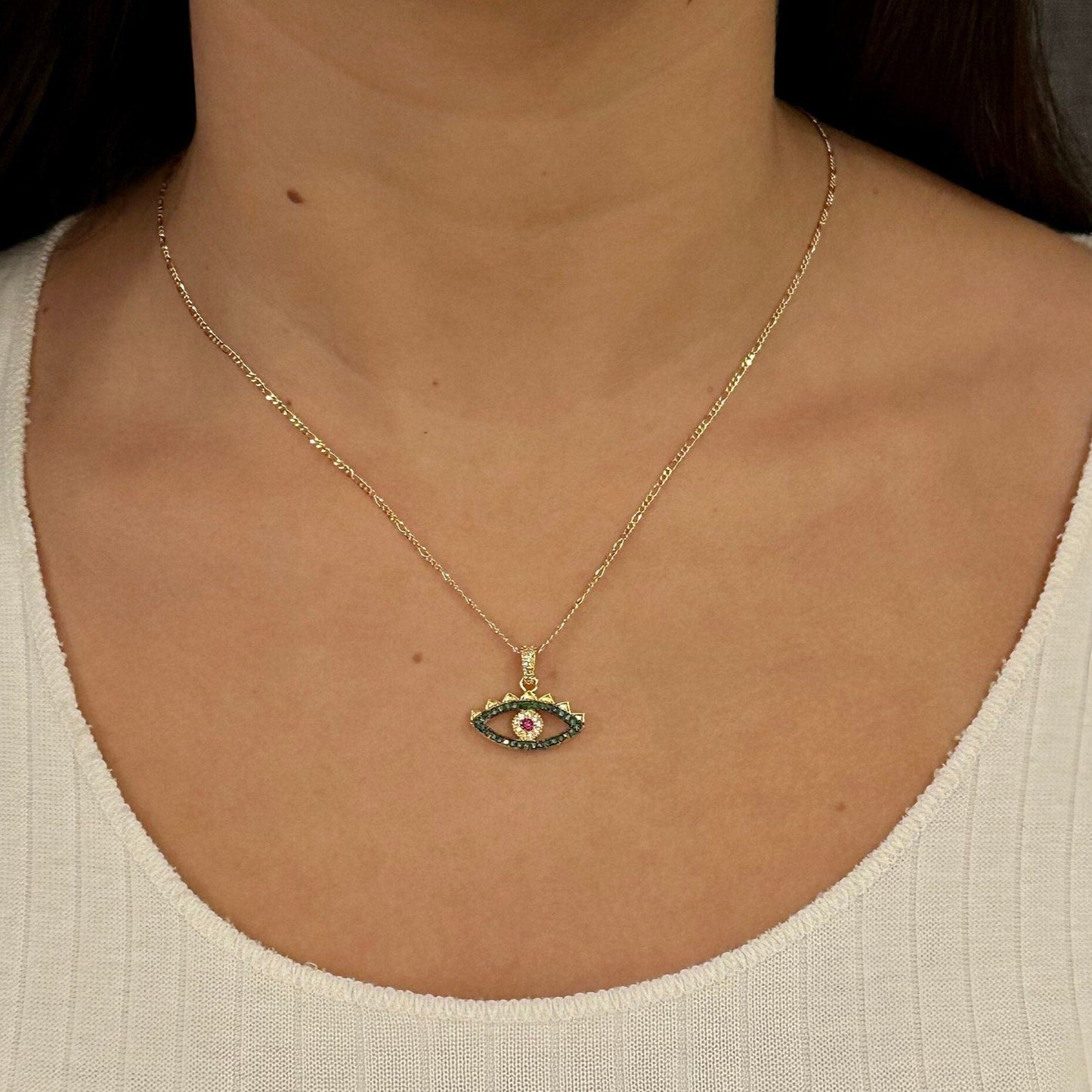 Gold Eye Necklace | Evil Eye Pendant | Evil Eye CZ Necklace | Pink Green Eye Pendant | Sparkly Evil Eye Pendant | Eye Protection Necklace