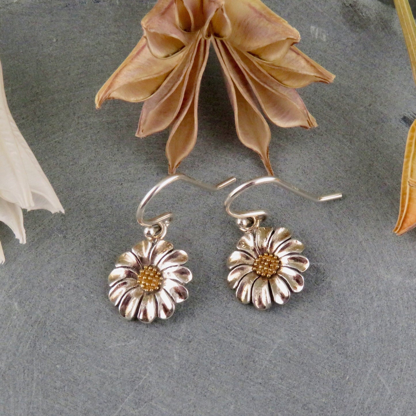Sterling Small Daisy Earrings | Two Tone Daisy Earrings | Gold Silver Flower Earrings | Mixed Metal Daisy Earrings | Gold Silver Daisies
