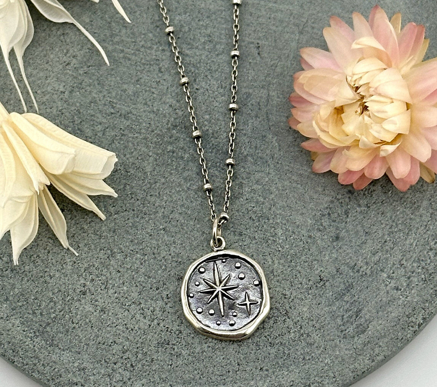 Sterling North Star Necklace | Silver Star Pendant | Celestial Medallion | Imprint Star Pendant | Wax Seal North Star Pendant | N. Star Disc
