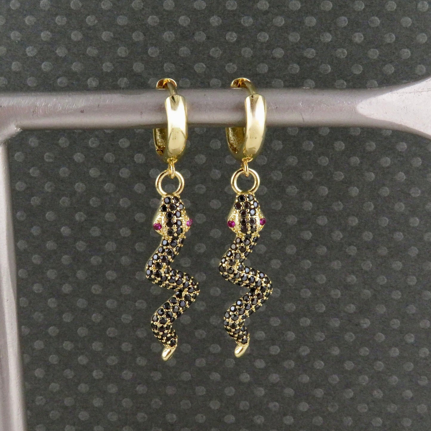 Black Gold Snake Earrings | CZ Snake Earrings | Black Serpent Earrings | Sparkly Black Serpent Earrings | Gold Snake Hoops | Dark Snake
