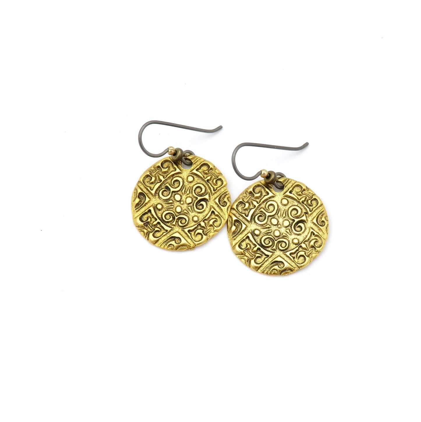 Brass Coin Earrings | Stamped Bronze Disc earrings | Gold Round Ethnic Earrings | Gold Medallion Earrings | Rustic Bronze Earrings | Unique