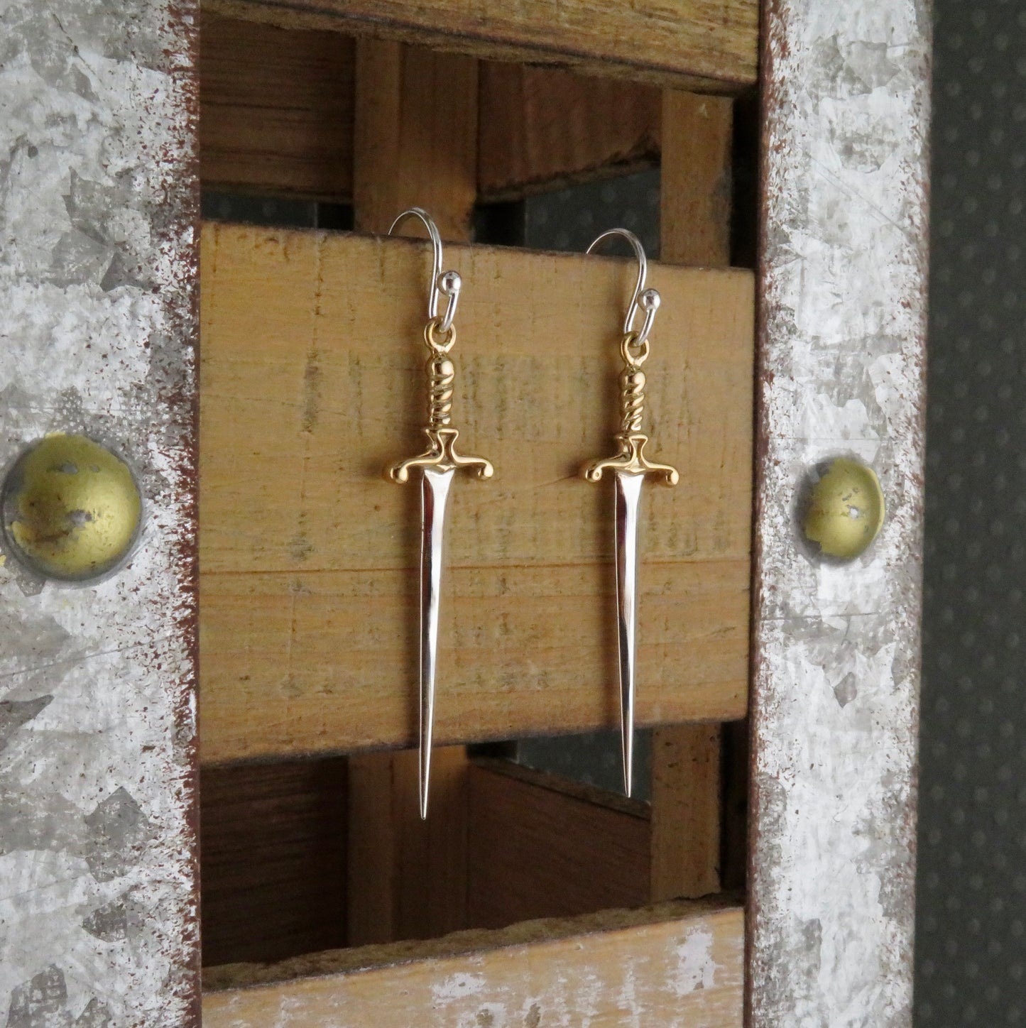 Sword Earrings | Sterling Sword Earrings| Two Tone Dagger Earrings | Silver Gold Sword Earrings| Silver Daggers | Sterling Sword Earrings