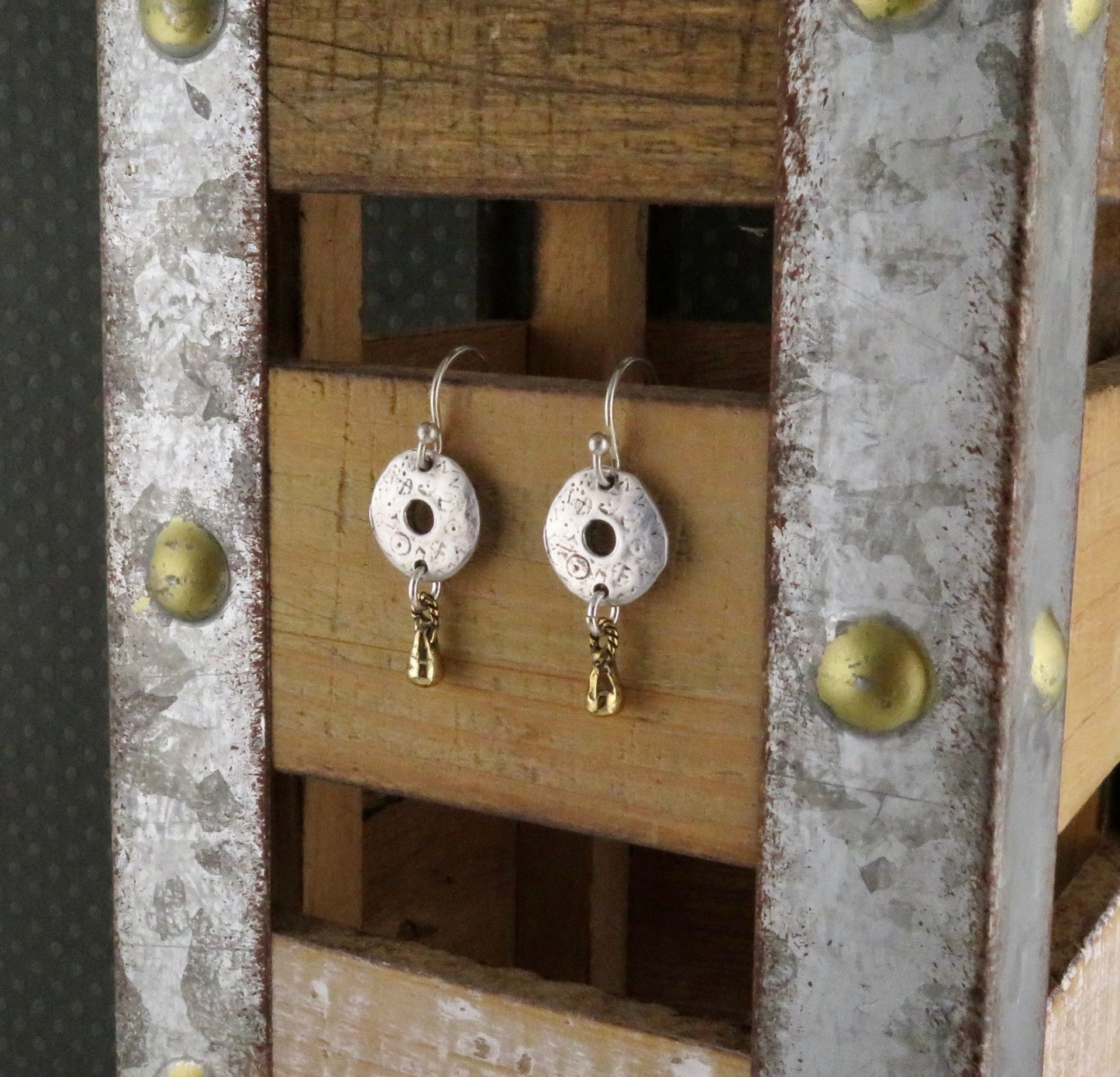 Rustic Artisan Earrings | Sterling Silver Earrings | Two Tone Earrings | Silver Gold Earrings | Mixed Metal Earrings | Sterling Discs