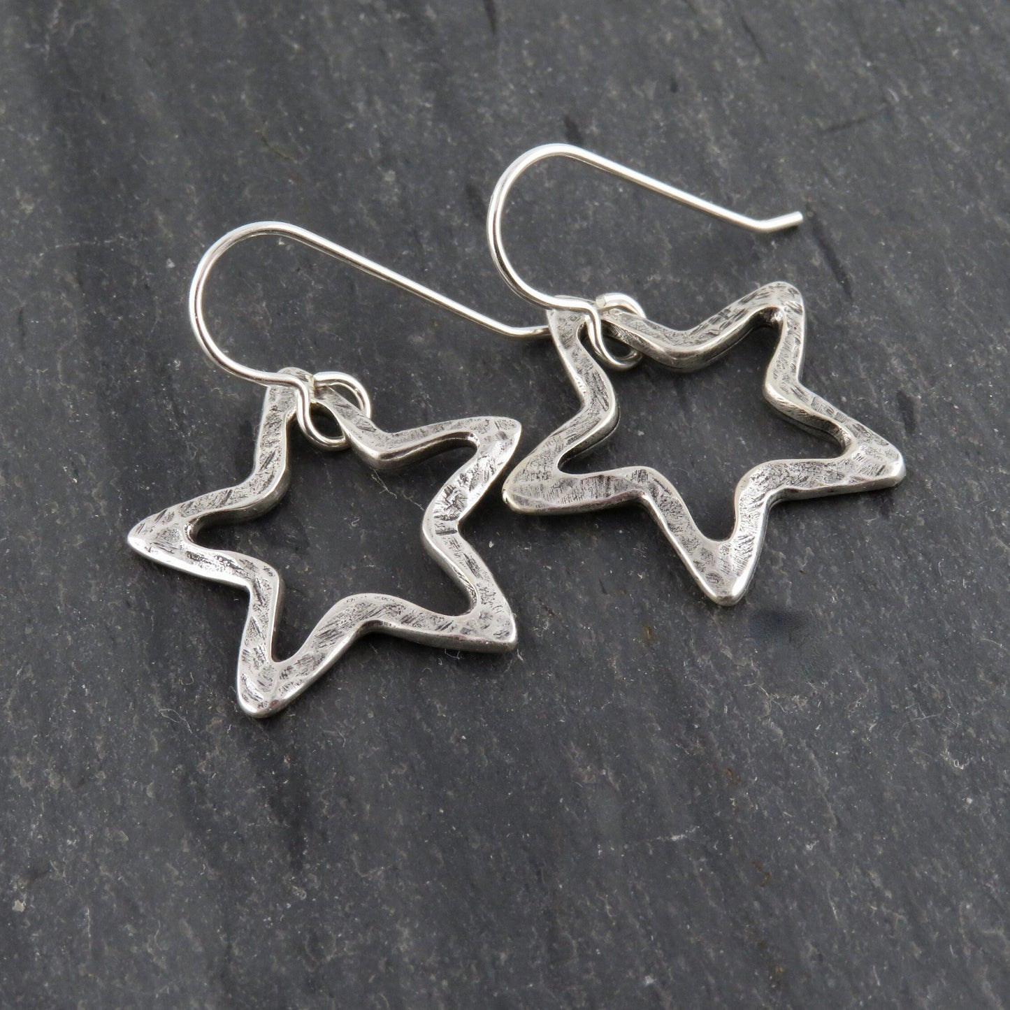 Silver Star Earrings | Outline Star Earrings | Artisan Star Earrings | Hammered Star Earrings | Brushed Matte Silver Star Earrings