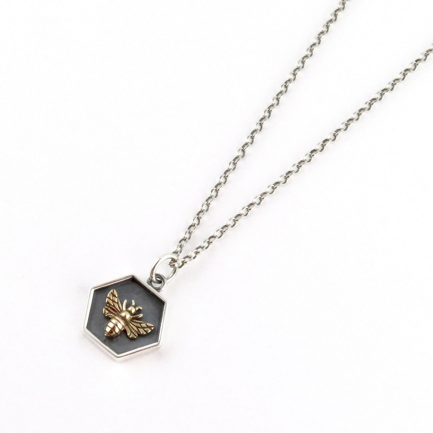Sterling Bee Necklace | Two Tone Bee Pendant | Mixed Metal Bee Necklace | Gold Bee Necklace | Bee Honeycomb Pendant | Silver Honeycomb Bee