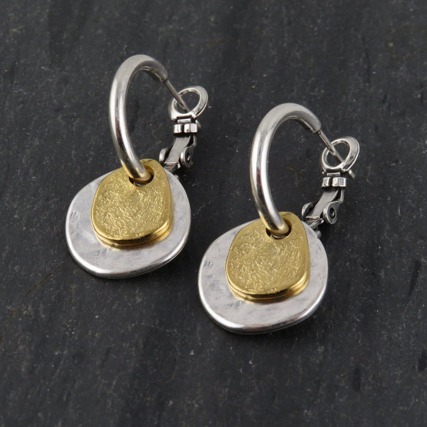 Two Tone Earrings | Silver Gold Hoop Earrings | Mixed Metal Hoop Earrings | Hammered Silver Gold Earrings | Everyday Earrings | Mixed Discs
