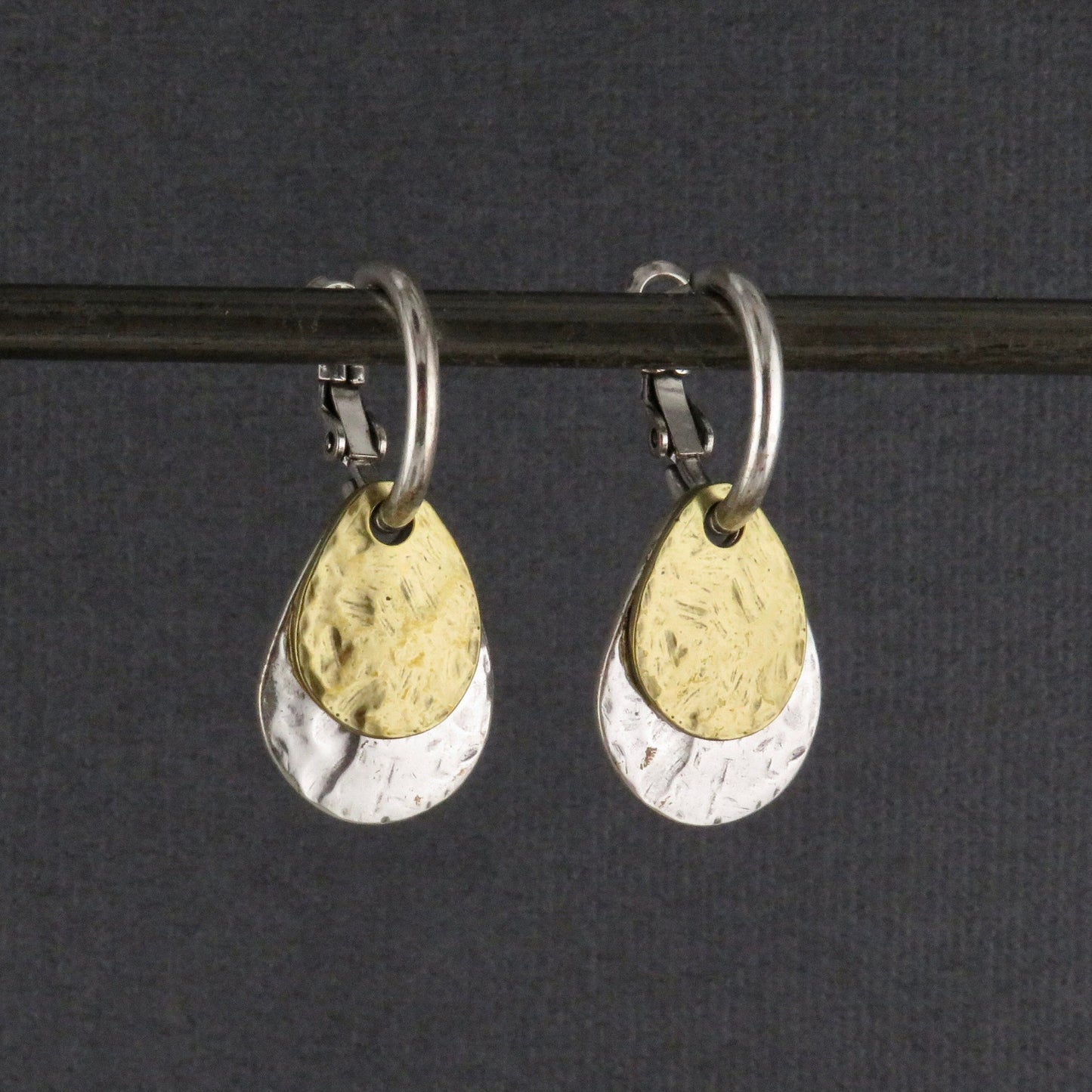 Two Tone Teardrop Earrings | Hammered Drop Earrings | Mixed Metal Hoops | Silver Gold Drop Earrings | Two Tone Hoops | Hammered Rustic Hoops