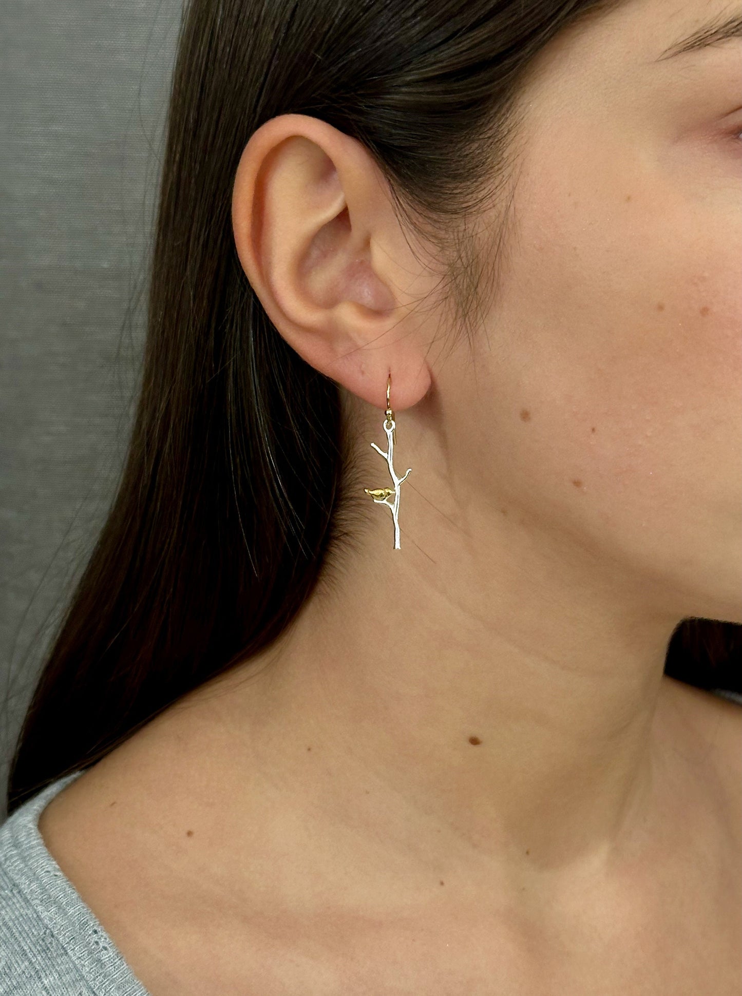 Sterling Branch Earrings | Silver Tree Branch Earrings | Mixed Metal Branch Earrings | Bird in Tree Earrings | Bird on Branch Earrings