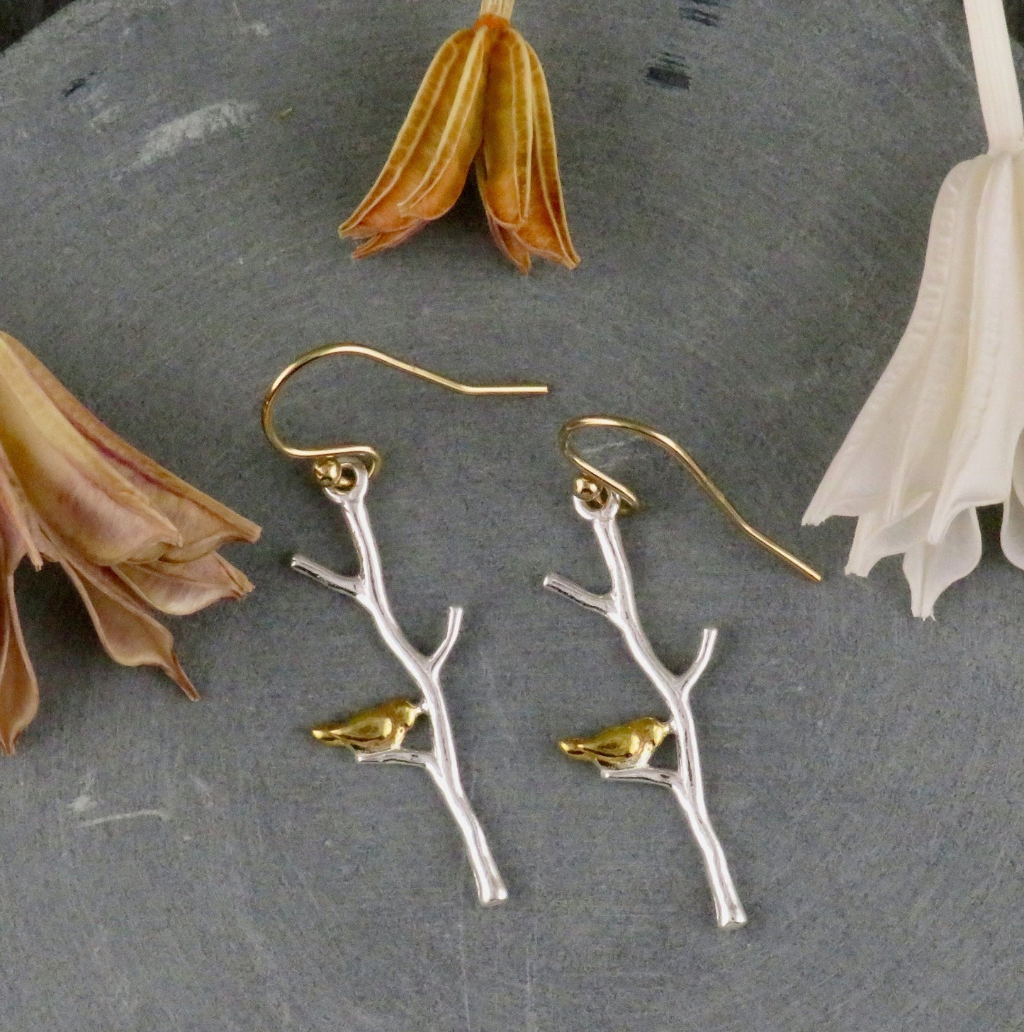 Sterling Branch Earrings | Silver Tree Branch Earrings | Mixed Metal Branch Earrings | Bird in Tree Earrings | Bird on Branch Earrings