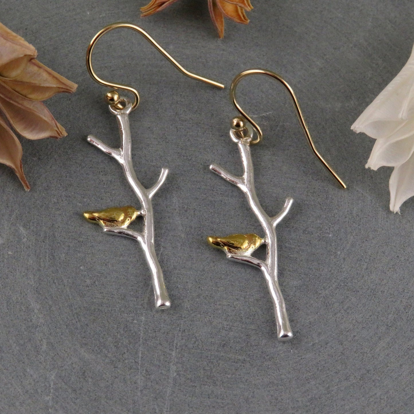 Sterling Branch Earrings | Silver Tree Branch Earrings | Mixed Metal Branch Earrings | Bird in Tree Earrings | Bird on Branch Earrings