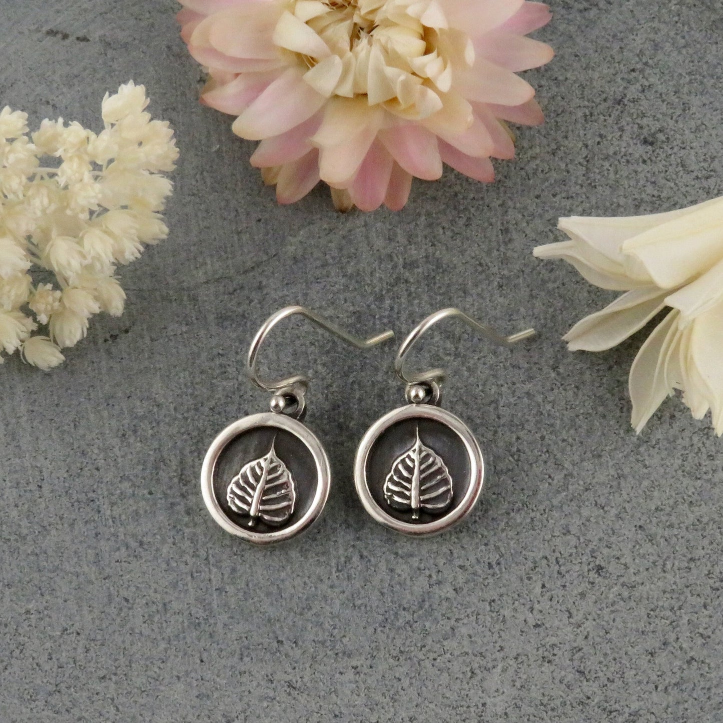Sterling Leaf Earrings | Silver Nature Earrings | Sterling Silver Leaves Earrings | Round Nature Earrings | Sterling Framed Leaf Earrings