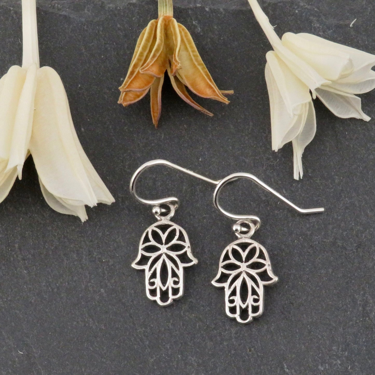 Sterling Hamsa Earrings, Silver Hand Earrings, Unique Hamsa Earrings, Floral Hamsa Earrings, Bat Mitzvah Gift, Judaic Earrings