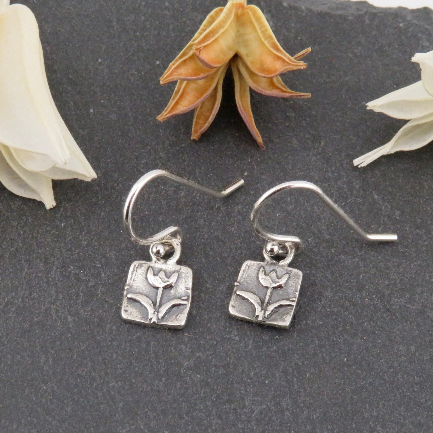 Small Silver Earrings, Silver Tulip Earrings, Minimal Earrings, Simple Charm Earrings, Cute Charms, Little Girl Earrings, Cute Tiny Earrings
