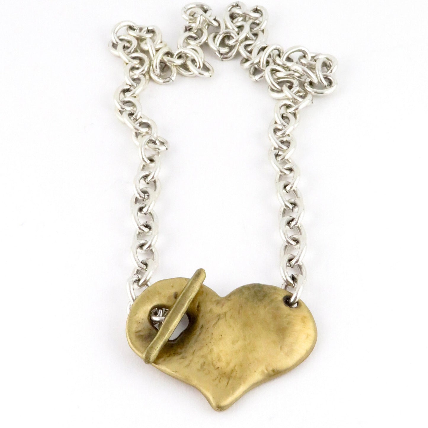 Two Tone Heart Necklace | Hammered Heart Necklace | Chunky Heart Necklace | Mixed Metal Necklace | Front Toggle Necklace | Unique Heart