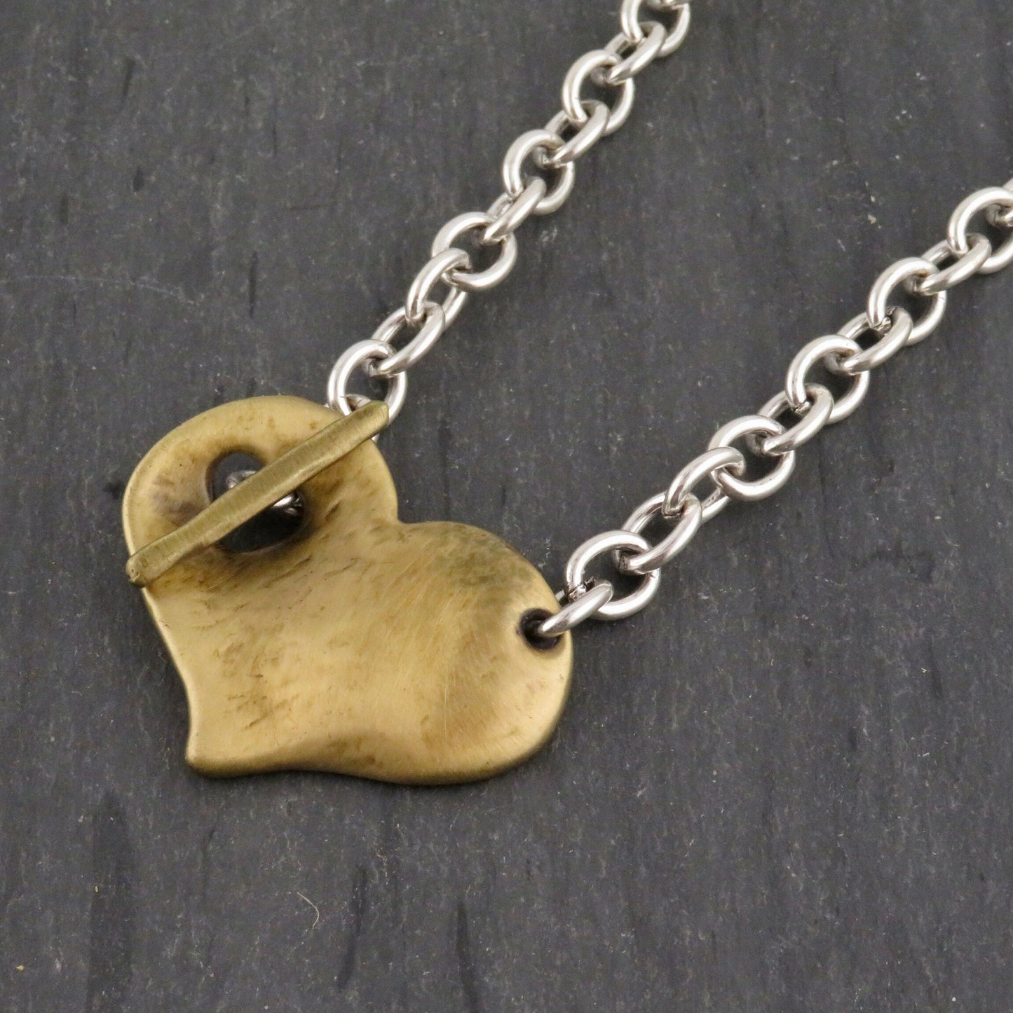 Two Tone Heart Necklace | Hammered Heart Necklace | Chunky Heart Necklace | Mixed Metal Necklace | Front Toggle Necklace | Unique Heart