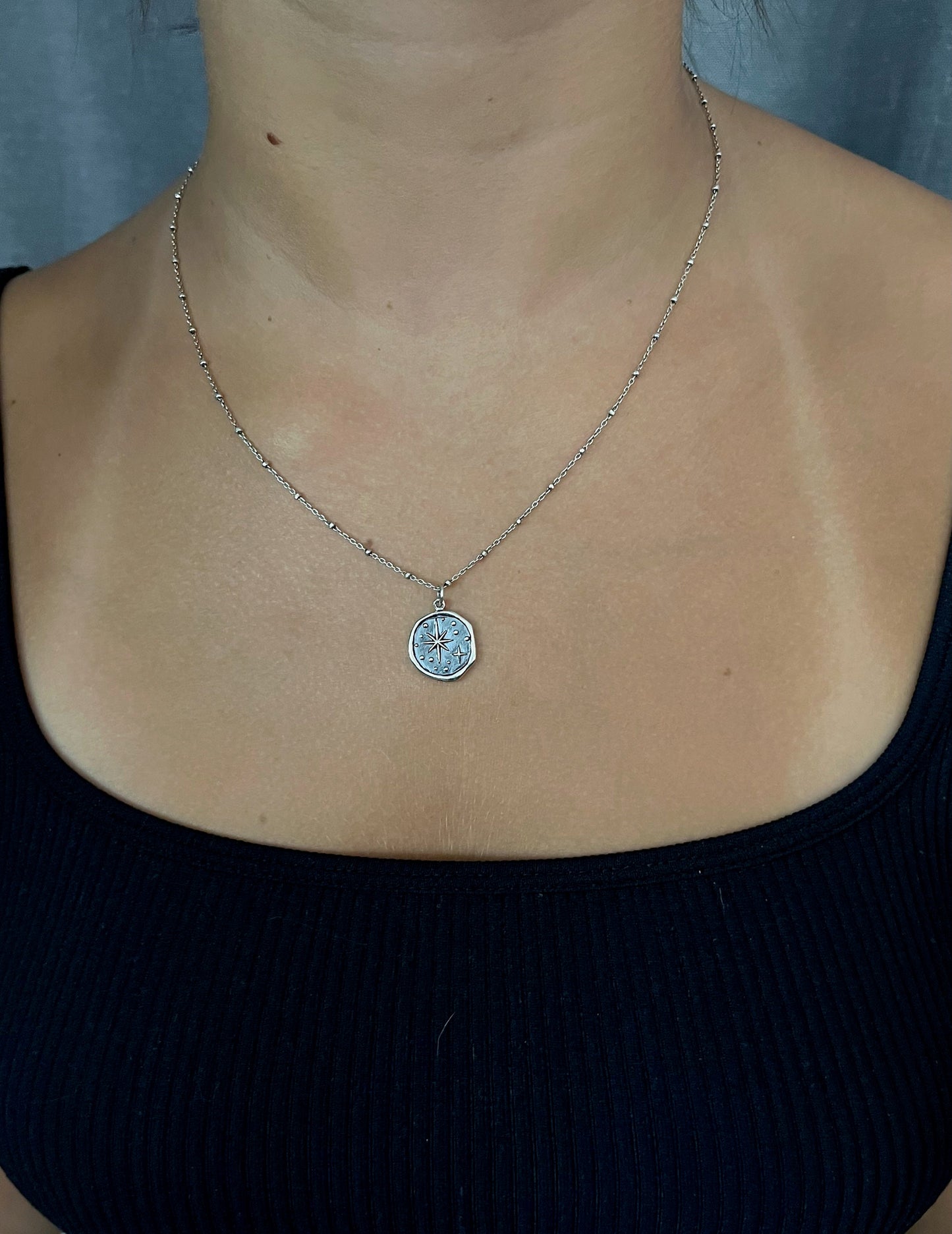 Sterling North Star Necklace | Silver Star Pendant | Celestial Medallion | Imprint Star Pendant | Wax Seal North Star Pendant | N. Star Disc