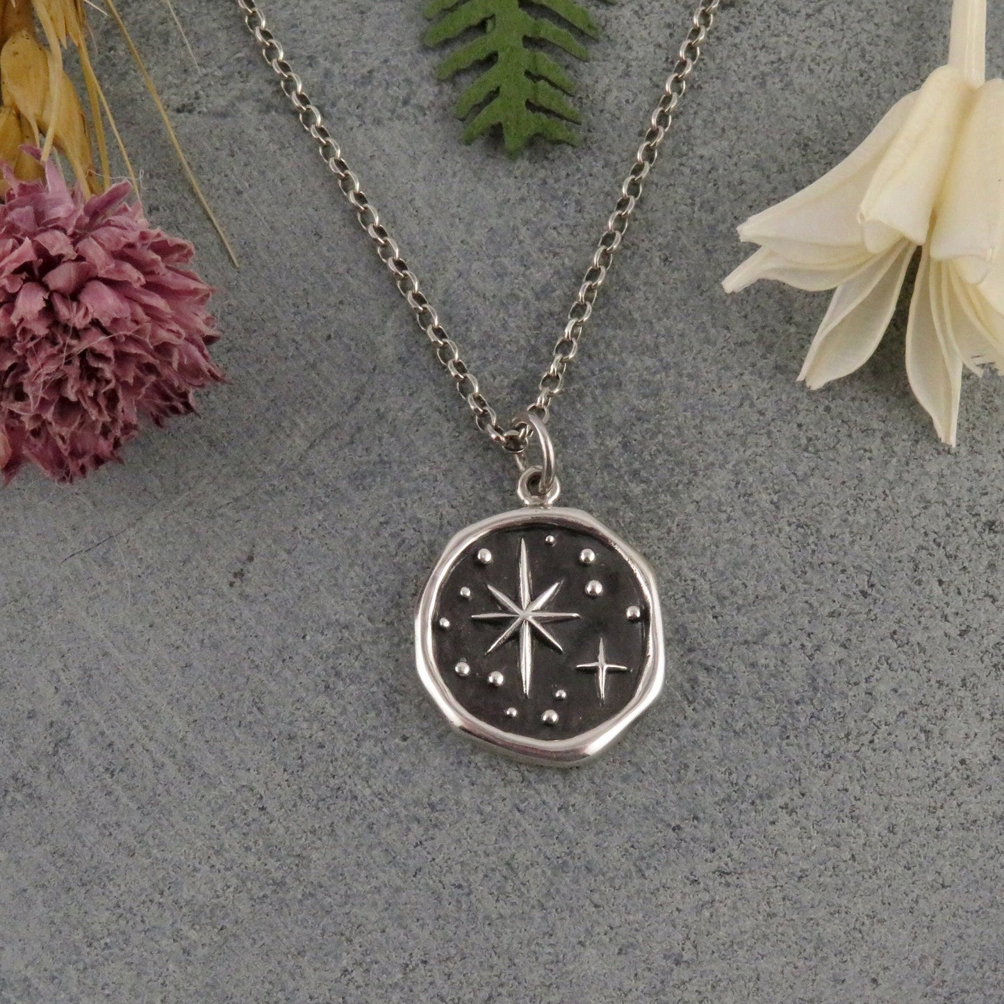 Sterling North Star Necklace | Silver Star Pendant | Celestial Medallion | Imprint Star Pendant | Wax Seal North Star Pendant | N. Star Disc