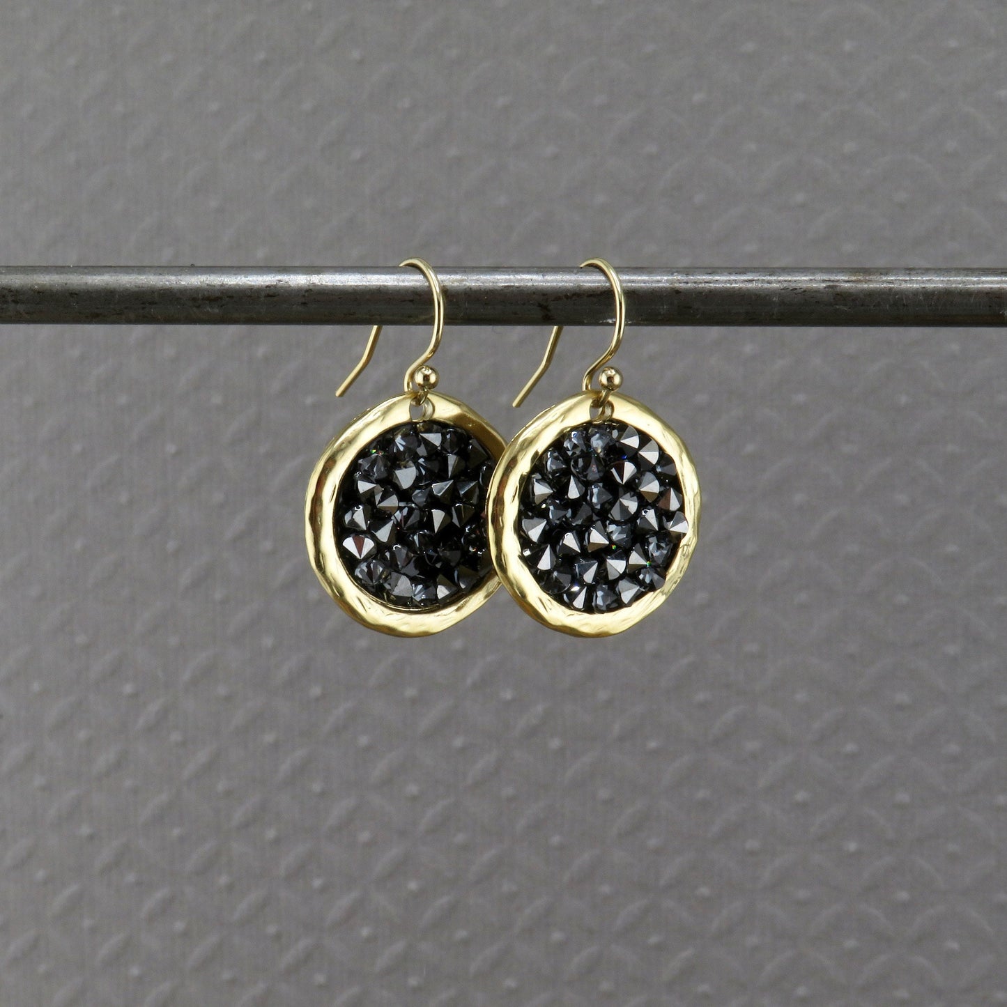 Gold Sparkly Earrings | Black Crystal Gold Earrings | Gold Crystal Disc Earrings | Sparkly Gold Earrings | Black Gold Cocktail Earrings