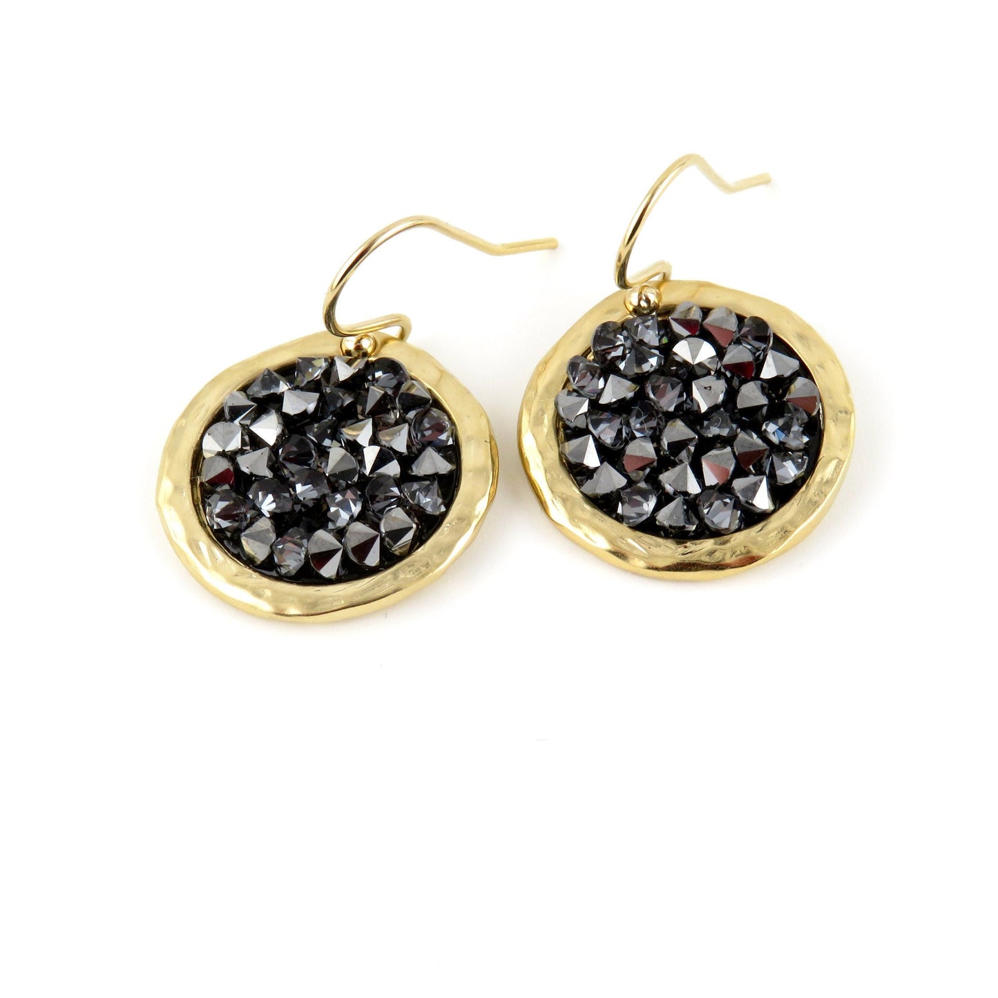 Gold Sparkly Earrings | Black Crystal Gold Earrings | Gold Crystal Disc Earrings | Sparkly Gold Earrings | Black Gold Cocktail Earrings