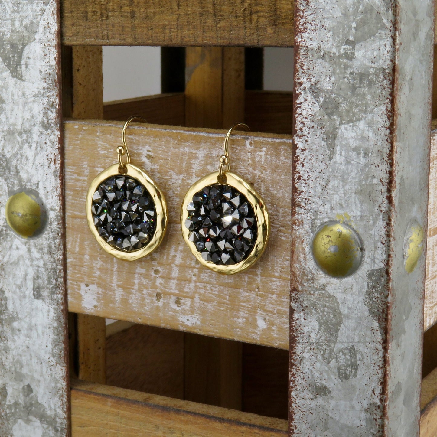 Gold Sparkly Earrings | Black Crystal Gold Earrings | Gold Crystal Disc Earrings | Sparkly Gold Earrings | Black Gold Cocktail Earrings