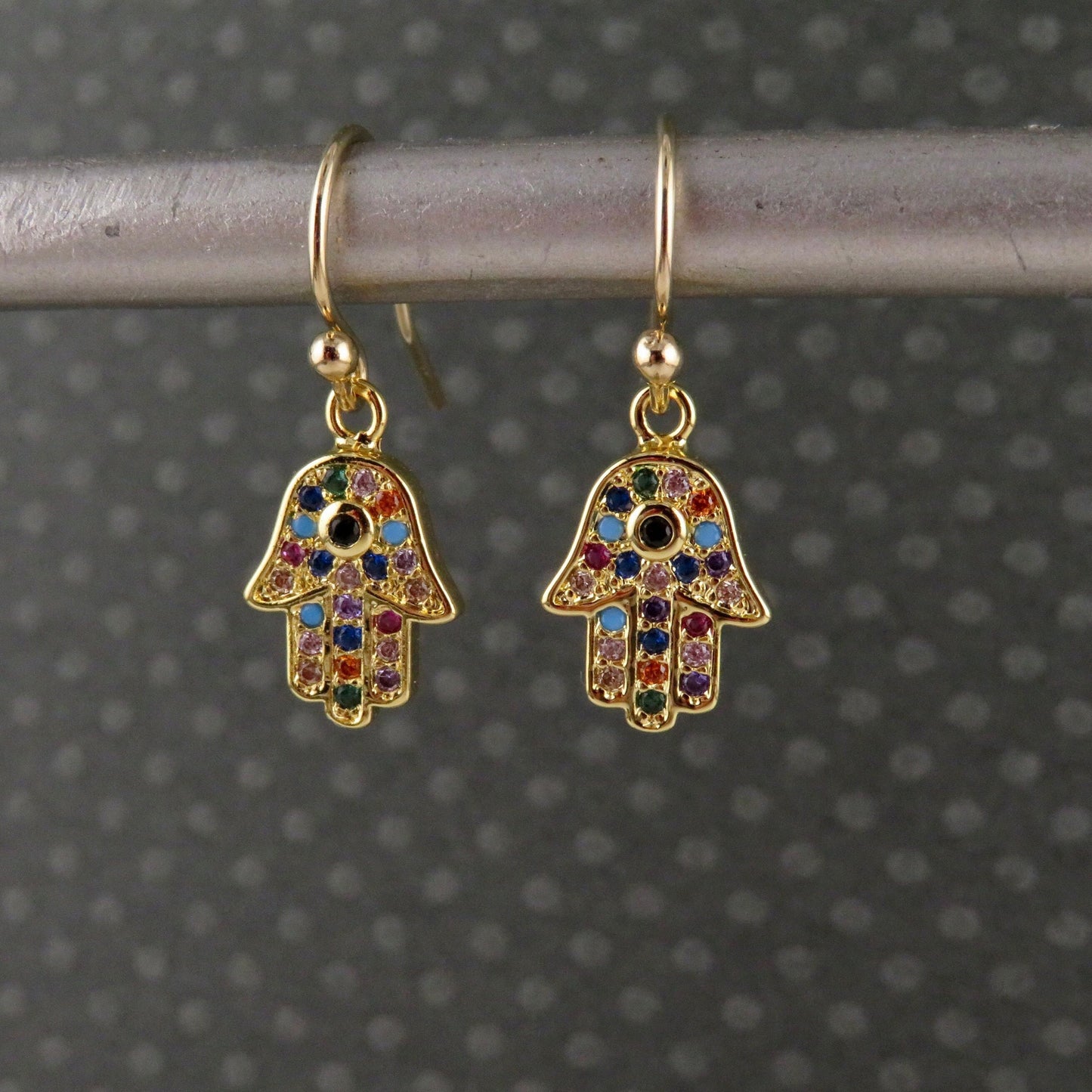 Gold Hamsa Earrings | Multicolored Hamsa Earrings | Colorful Hamsa Hand Earrings | Gold Sparkly Hamsa Earrings | Rainbow CZ Hamsa Earrings