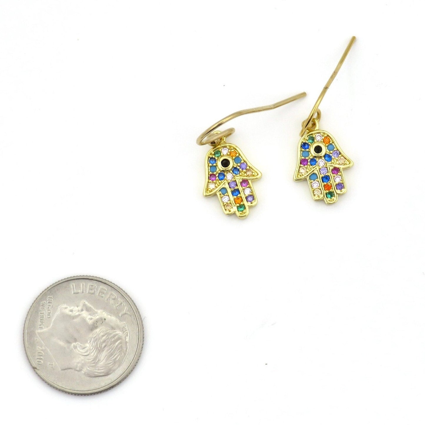 Gold Hamsa Earrings | Multicolored Hamsa Earrings | Colorful Hamsa Hand Earrings | Gold Sparkly Hamsa Earrings | Rainbow CZ Hamsa Earrings