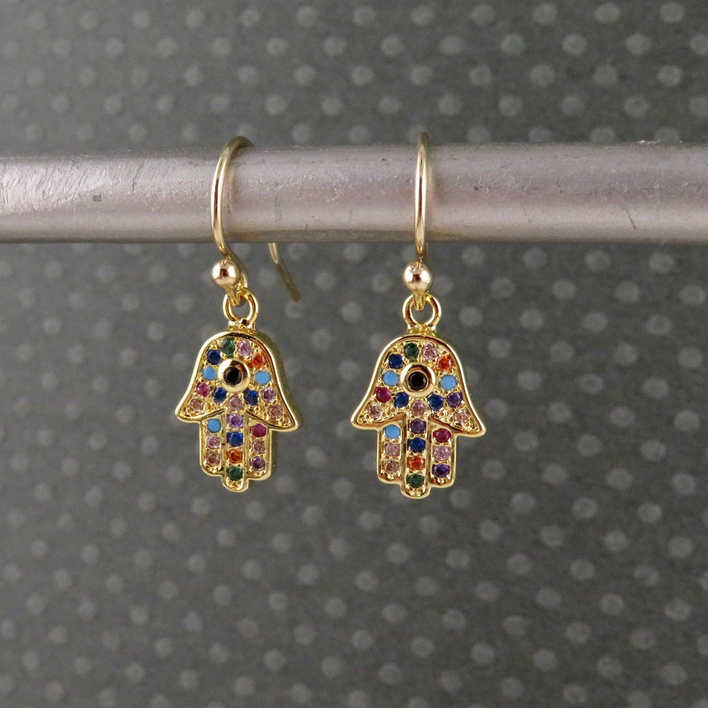 Gold Hamsa Earrings | Multicolored Hamsa Earrings | Colorful Hamsa Hand Earrings | Gold Sparkly Hamsa Earrings | Rainbow CZ Hamsa Earrings