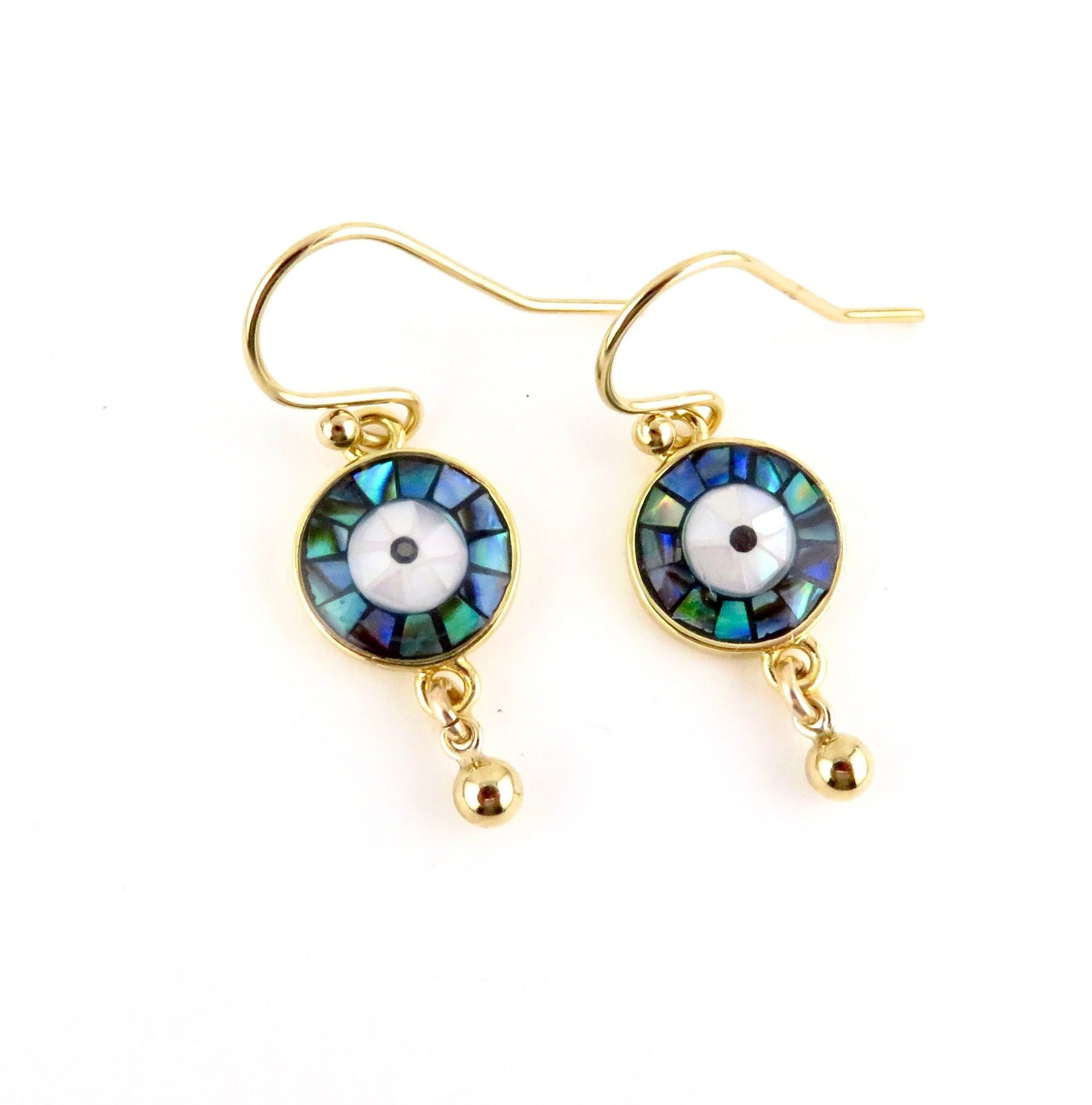Gold Evil Eye Earrings | Pearl Eye Earrings | Mosaic Abalone Eye Earrings | Abalone Eyes | Evil Eye Pearl Earrings | Gold Eye Drop Earrings