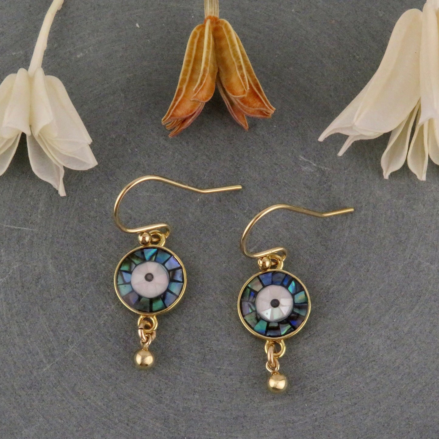 Gold Evil Eye Earrings | Pearl Eye Earrings | Mosaic Abalone Eye Earrings | Abalone Eyes | Evil Eye Pearl Earrings | Gold Eye Drop Earrings