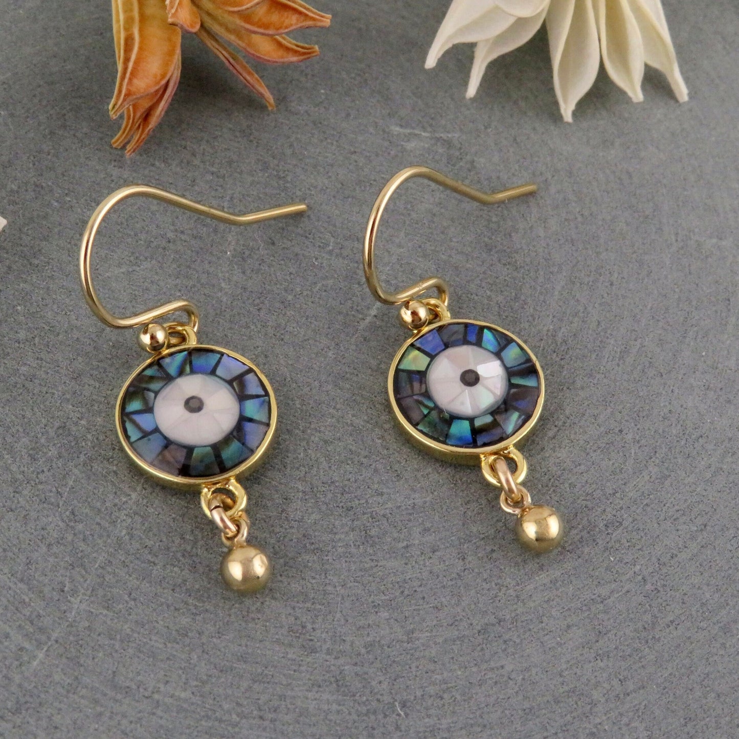 Gold Evil Eye Earrings | Pearl Eye Earrings | Mosaic Abalone Eye Earrings | Abalone Eyes | Evil Eye Pearl Earrings | Gold Eye Drop Earrings