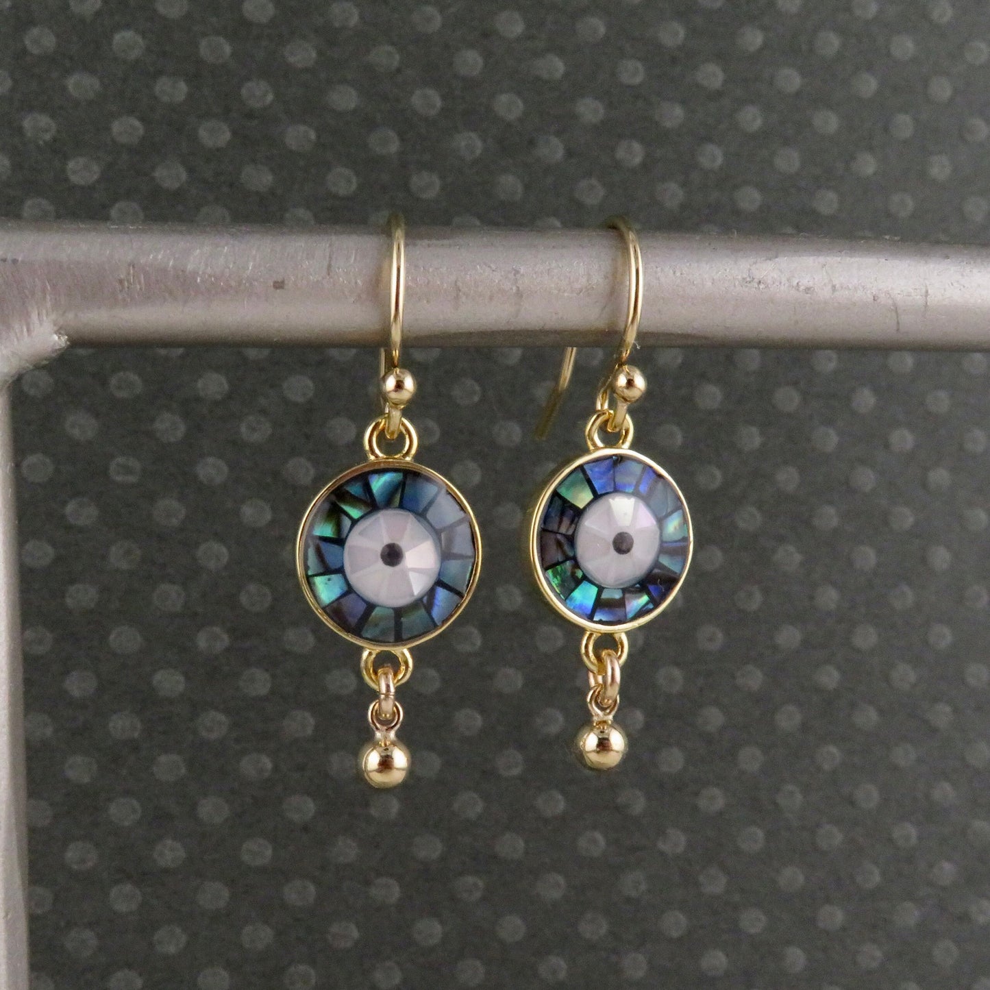 Gold Evil Eye Earrings | Pearl Eye Earrings | Mosaic Abalone Eye Earrings | Abalone Eyes | Evil Eye Pearl Earrings | Gold Eye Drop Earrings