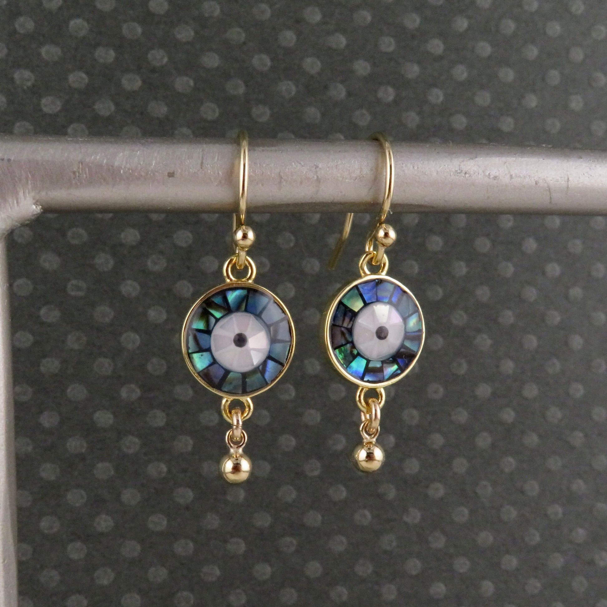 Gold Evil Eye Earrings | Pearl Eye Earrings | Mosaic Abalone Eye Earrings | Abalone Eyes | Evil Eye Pearl Earrings | Gold Eye Drop Earrings