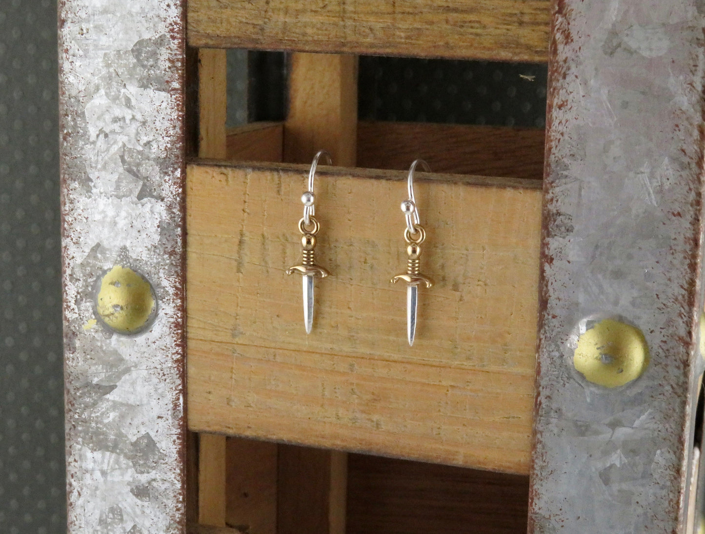 Small Sword Earrings | Sterling Sword Earrings| Two Tone Dagger Earrings | Gold Sword Earrings| Sterling Sword Earrings | Dagger Earrings