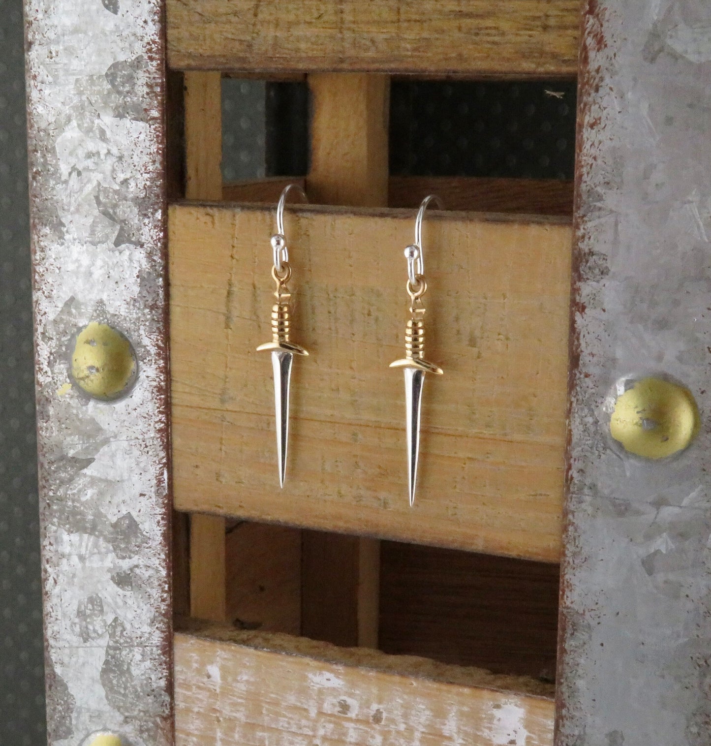 Sword Earrings | Sterling Sword Earrings| Two Tone Dagger Earrings | Medium Gold Sword Earrings | Silver Daggers | Sterling Sword Earrings