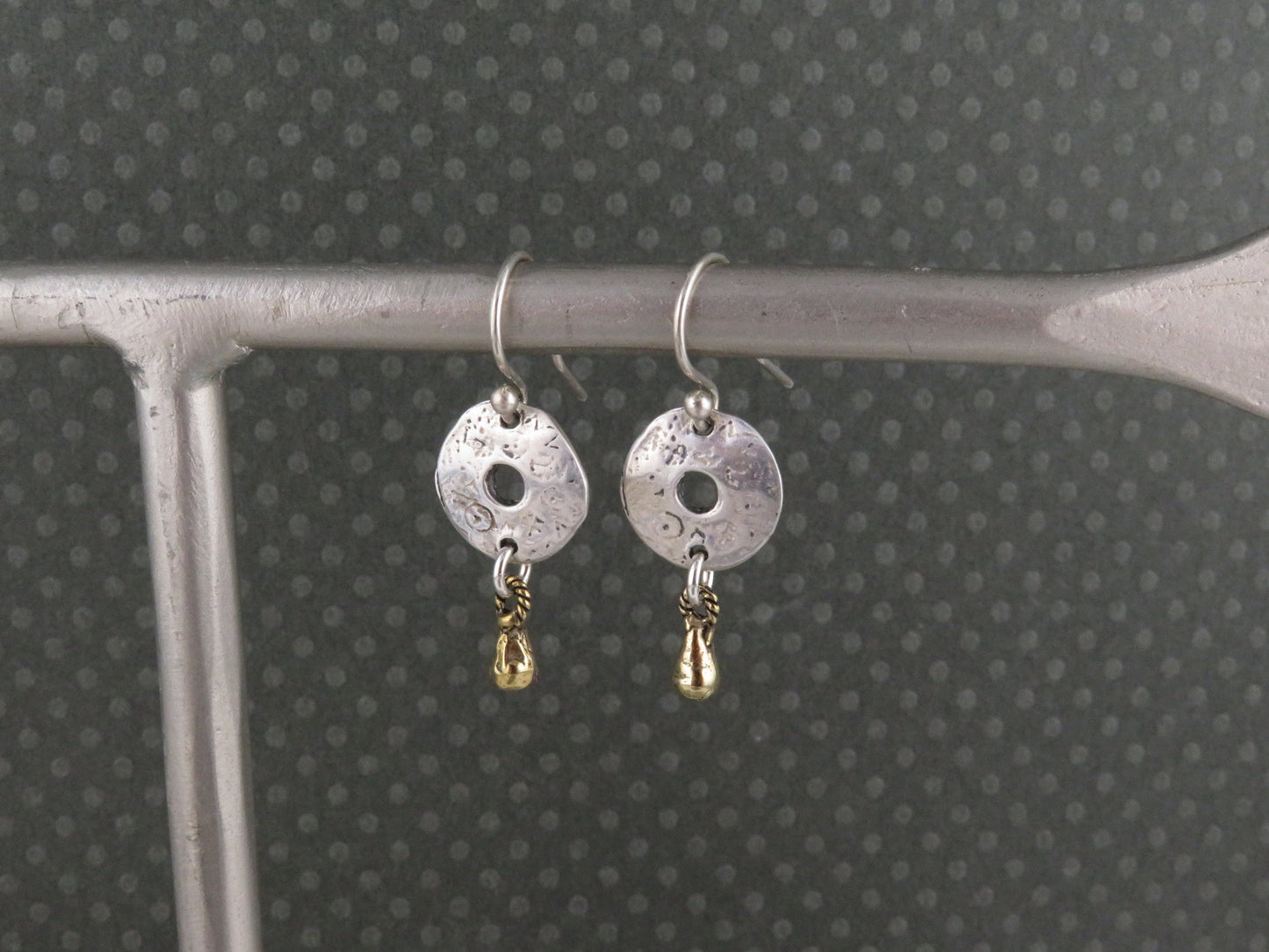 Rustic Artisan Earrings | Sterling Silver Earrings | Two Tone Earrings | Silver Gold Earrings | Mixed Metal Earrings | Sterling Discs