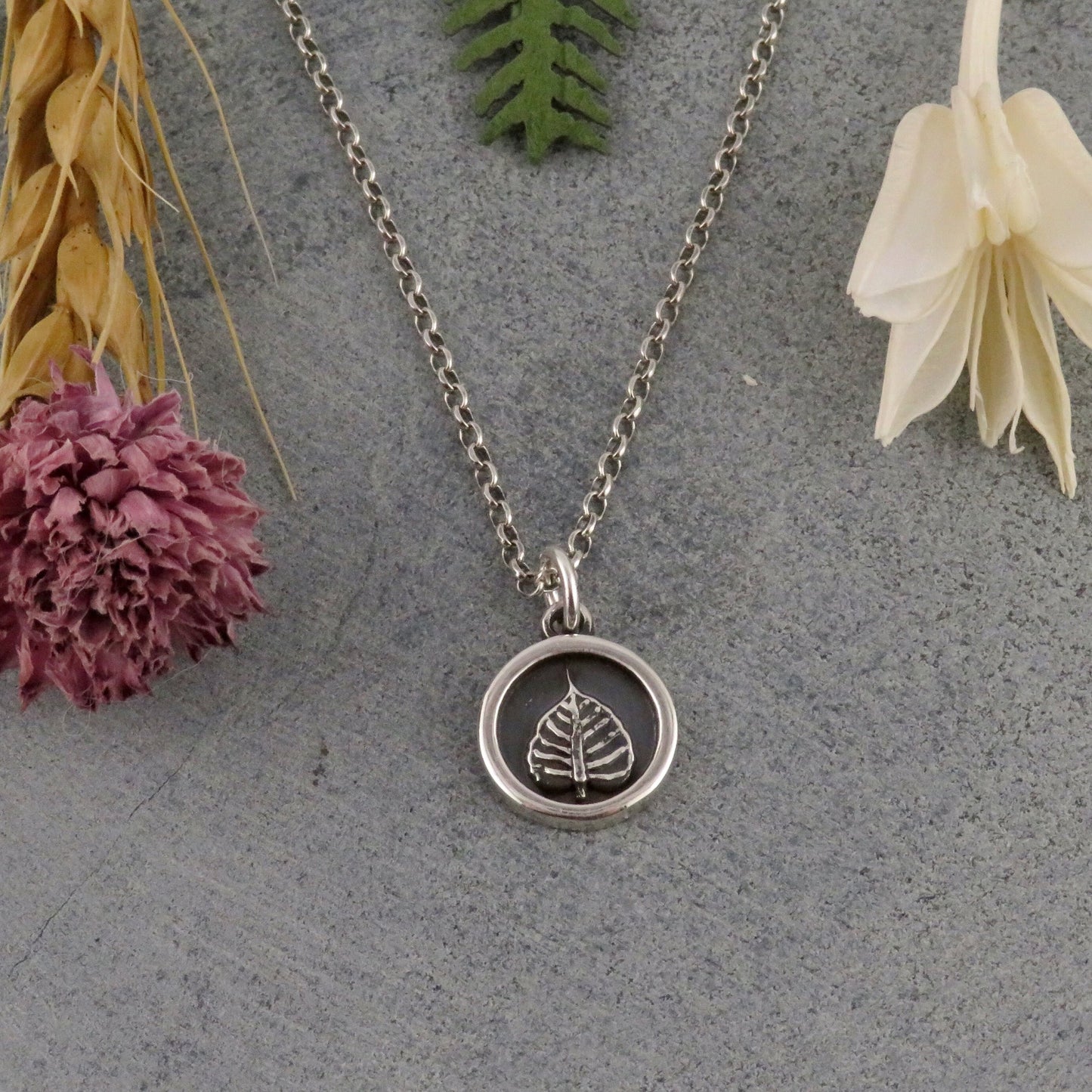 Sterling Leaf Necklace | Silver Nature Necklace | Sterling Silver Leaf Pendant | Round Nature Pendant | Sterling Framed Leaf Necklace