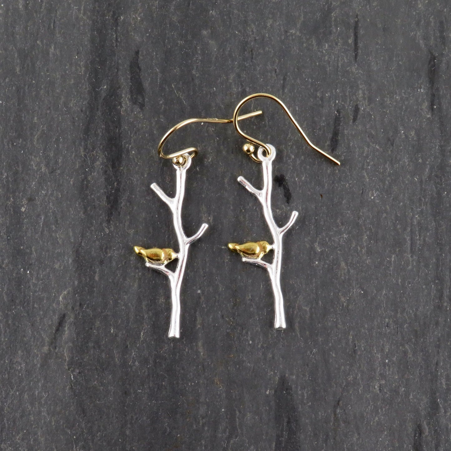 Sterling Branch Earrings | Silver Tree Branch Earrings | Mixed Metal Branch Earrings | Bird in Tree Earrings | Bird on Branch Earrings