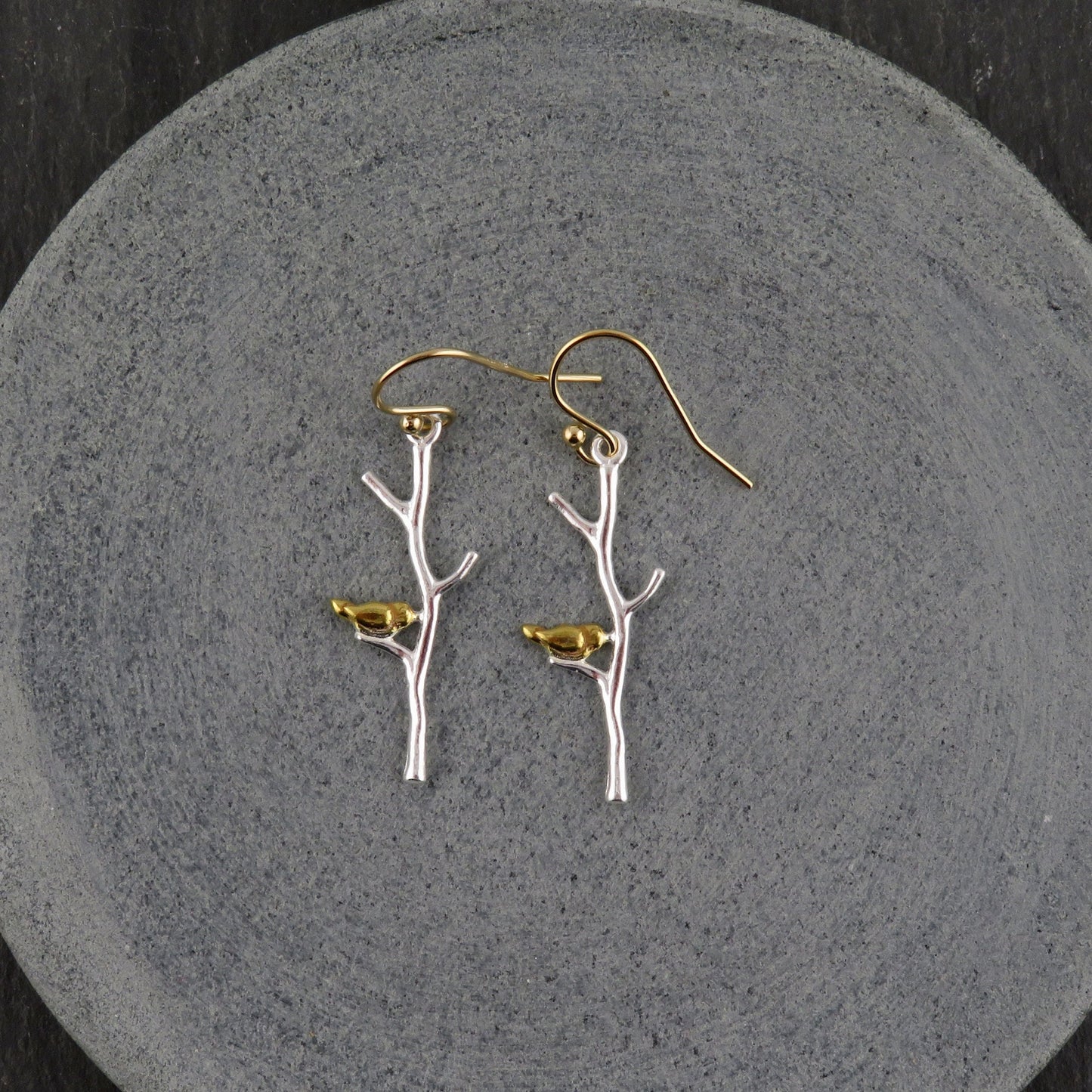 Sterling Branch Earrings | Silver Tree Branch Earrings | Mixed Metal Branch Earrings | Bird in Tree Earrings | Bird on Branch Earrings