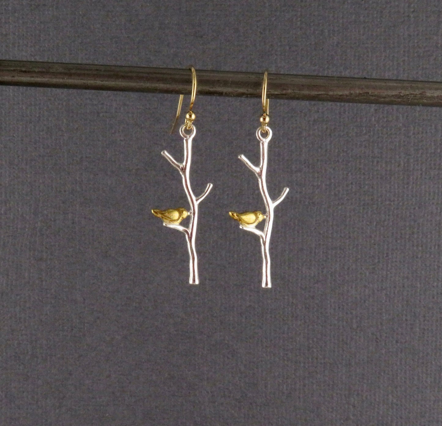 Sterling Branch Earrings | Silver Tree Branch Earrings | Mixed Metal Branch Earrings | Bird in Tree Earrings | Bird on Branch Earrings