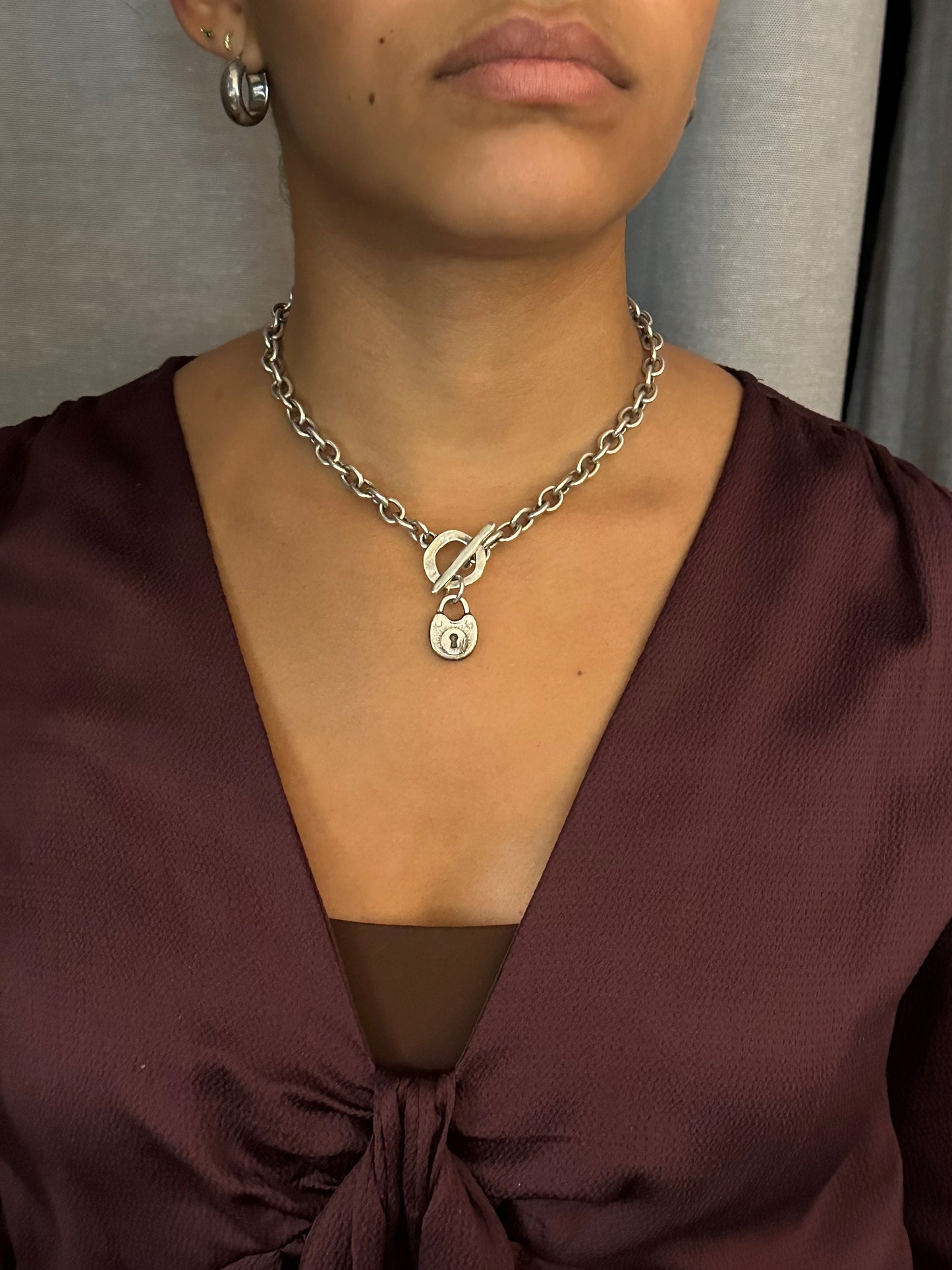 Chunky Lock Necklace | Silver Padlock Pendant | Chunky Silver Lock | Front Toggle Lock Necklace | Chunky Jewelry | Rustic Lock Charm