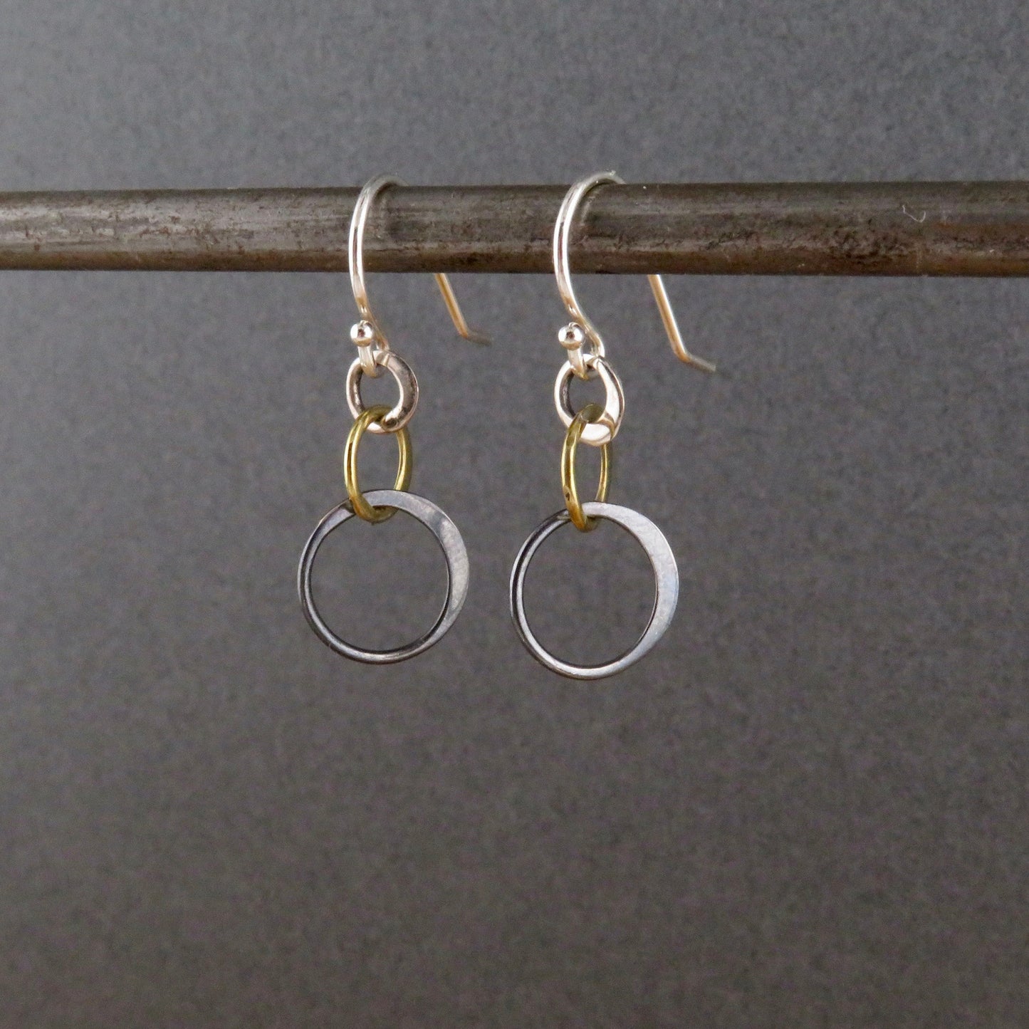 Mixed Metal Earrings | Silver Gold Rings Earring | Two Tone Circles Earrings | Delicate Mixed Tones Earrings | Three Circles Earrings Small