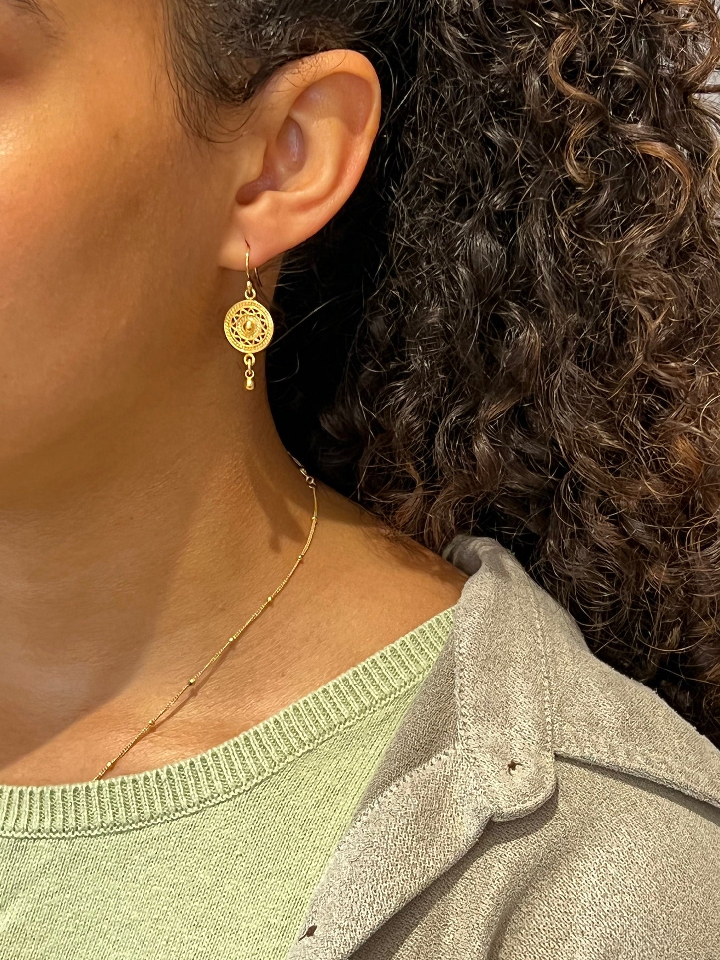 Gold Mandala Earrings | Geometric Gold Earrings | Gold Circle Earrings | Gold Intricate Earrings | Gold Dice Earrings with Drop