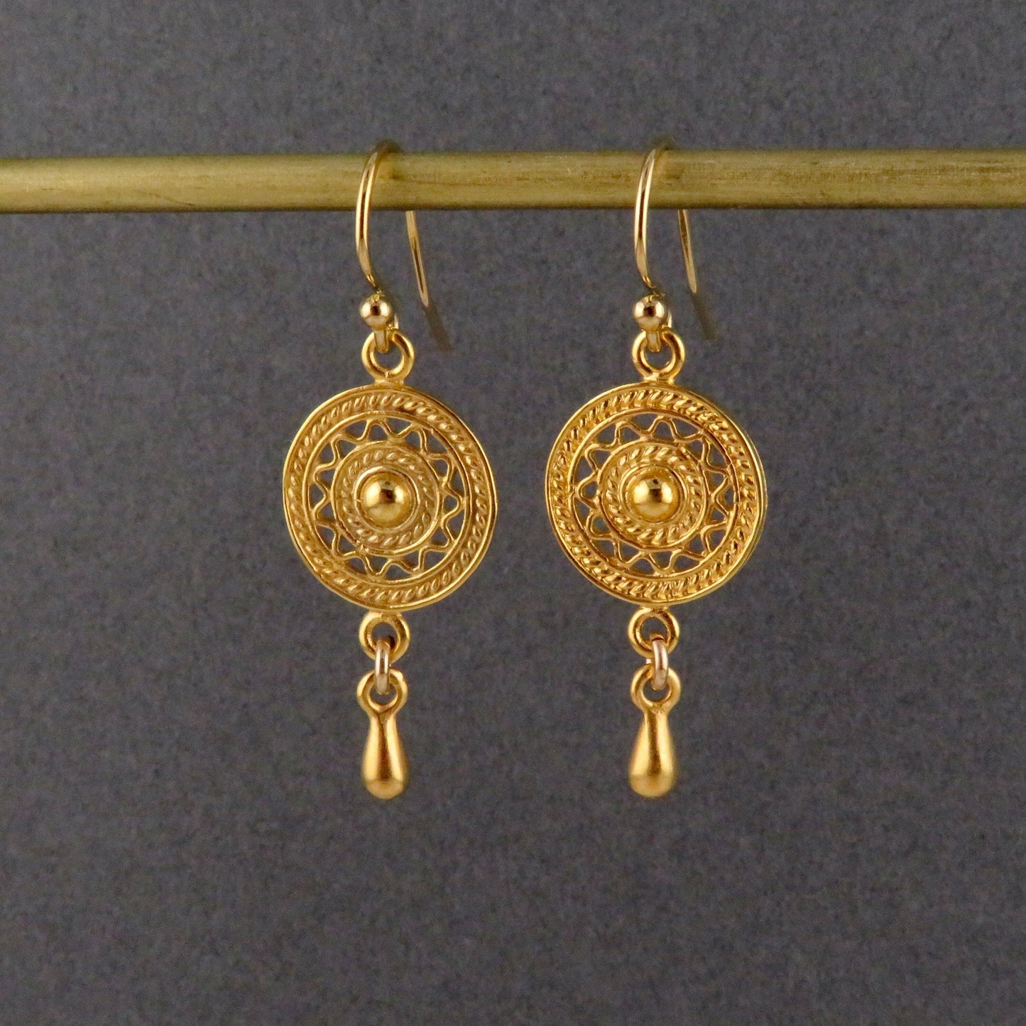 Gold Mandala Earrings | Geometric Gold Earrings | Gold Circle Earrings | Gold Intricate Earrings | Gold Dice Earrings with Drop