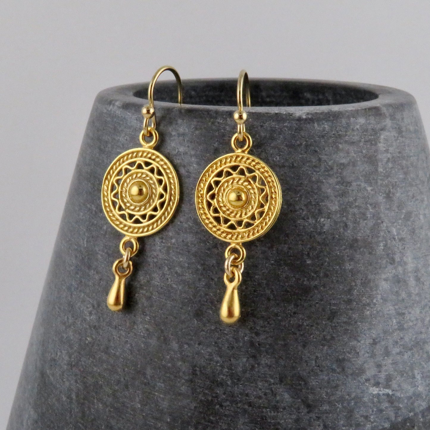 Gold Mandala Earrings | Geometric Gold Earrings | Gold Circle Earrings | Gold Intricate Earrings | Gold Dice Earrings with Drop