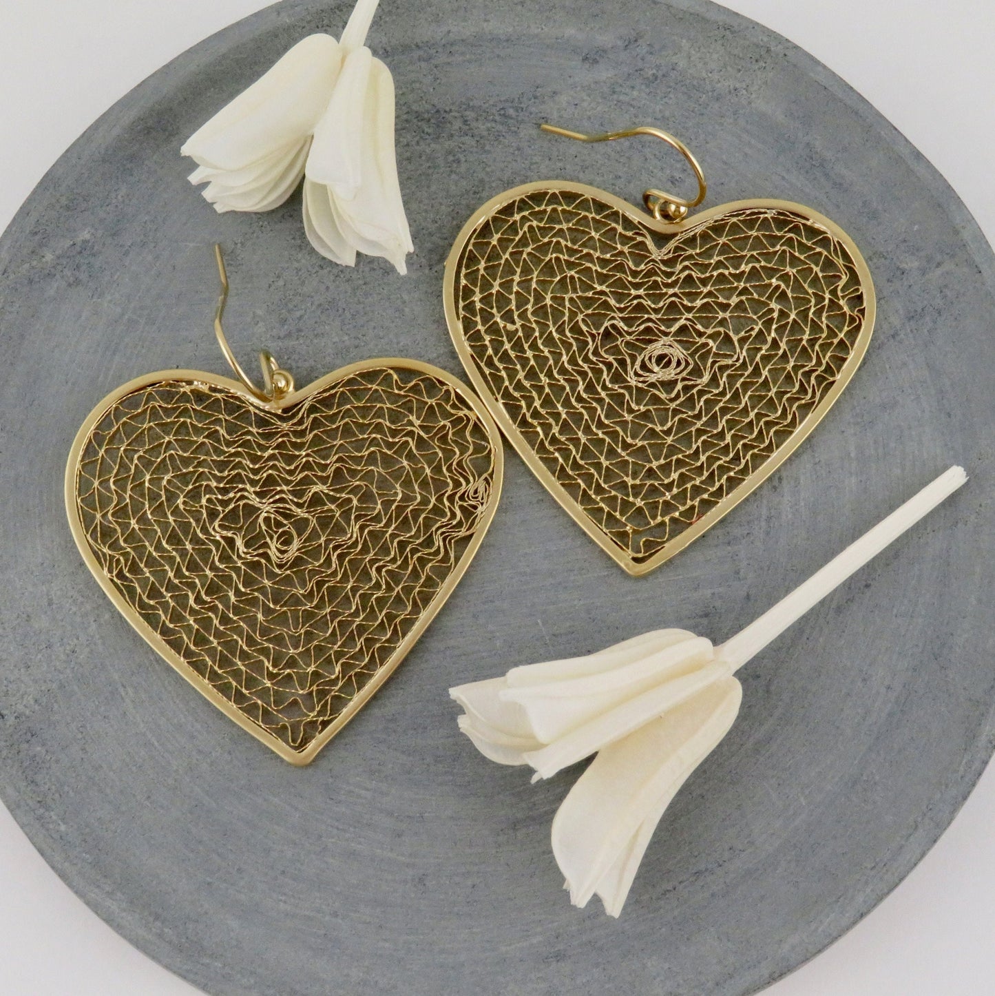 Gold Mesh Earrings | Gold Heart Earrings | Large Gold Heart Earrings | Gold Woven Heart Earrings | Large Gold Delicate Earrings | Mesh Heart