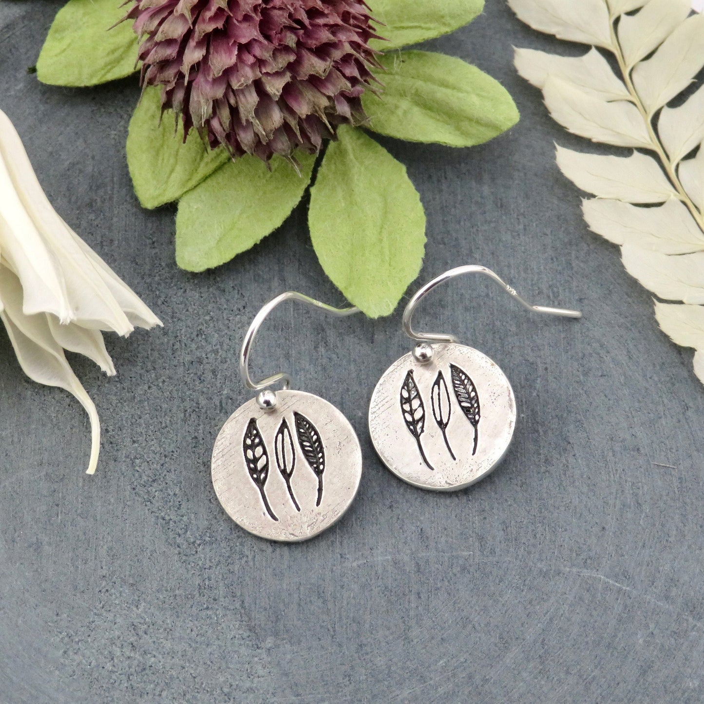 Sterling Silver Leaves Earrings | Silver Nature Earrings | Sterling Leaf Earrings | Rustic Nature Earrings | Sterling Round Leaf Earrings