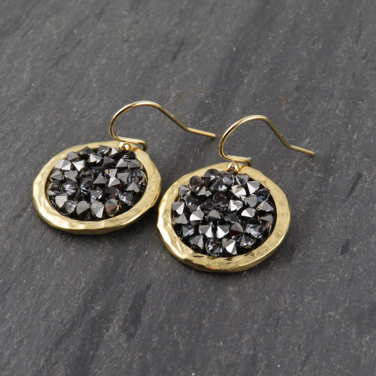 Gold Sparkly Earrings | Black Crystal Gold Earrings | Gold Crystal Disc Earrings | Sparkly Gold Earrings | Black Gold Cocktail Earrings