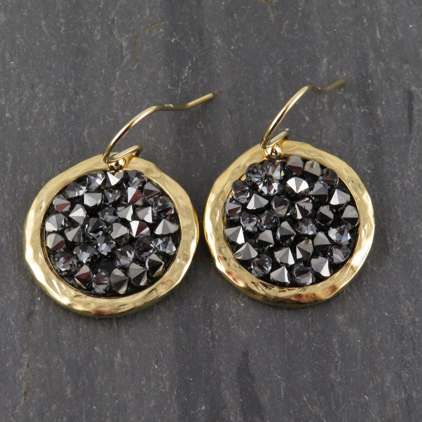 Gold Sparkly Earrings | Black Crystal Gold Earrings | Gold Crystal Disc Earrings | Sparkly Gold Earrings | Black Gold Cocktail Earrings