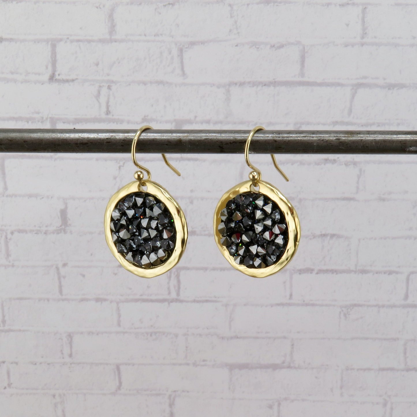 Gold Sparkly Earrings | Black Crystal Gold Earrings | Gold Crystal Disc Earrings | Sparkly Gold Earrings | Black Gold Cocktail Earrings