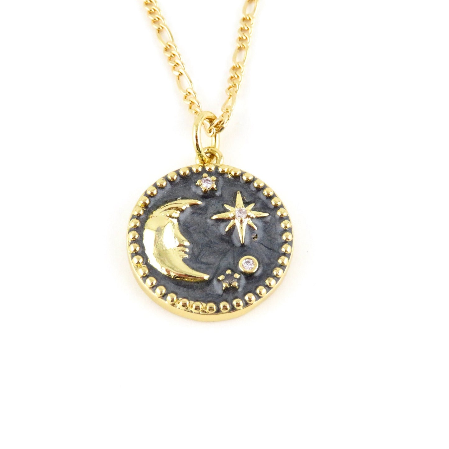 Gold Celestial Necklace | Gold Filled Moon Stars Pendant | Gold Filled Celestial Pendant | Gold Moon Medallion | Gray Moon Stars Necklace